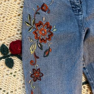 Blue embroidered floral jeans - straight leg, high rise, 90s style jeans